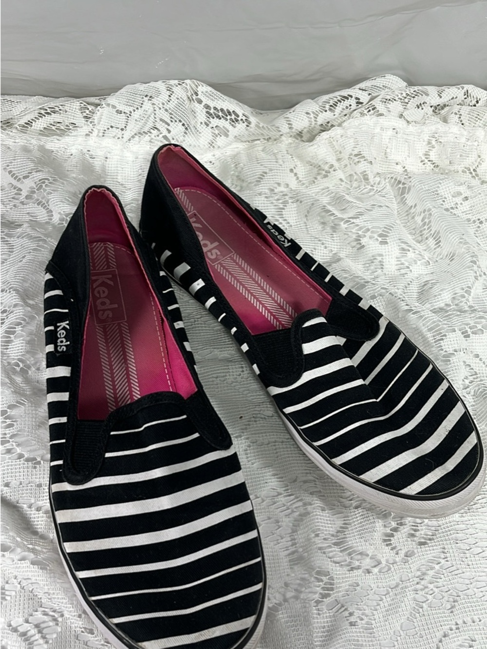 Keds Black & White Striped Slip-On Sneakers with Pink Insole
